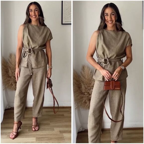 ZARA CO-ORD SET LINEN BLEND TOP PANTS ZW COLLECTION BROWN NWT